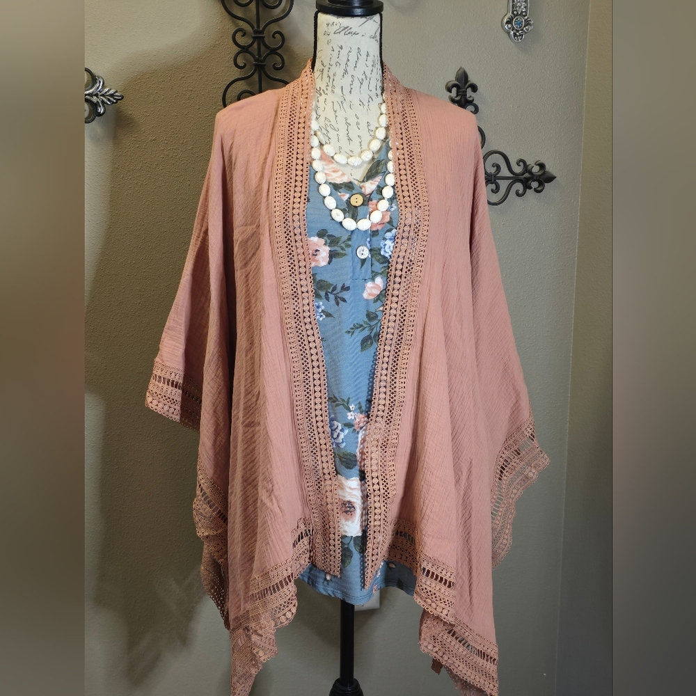 Pink Crochet Trim Kimono